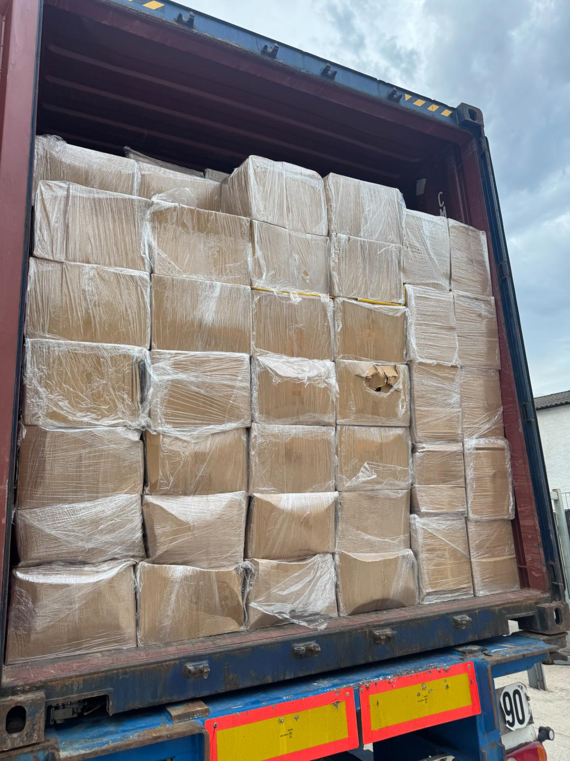 Container d'expédition chargé de cartons filmés sur palettes