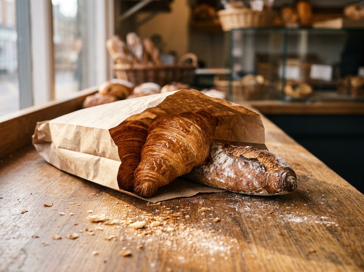 Croissants dorés et baguette dans un sac kraft ouvert, sur un comptoir de boulangerie