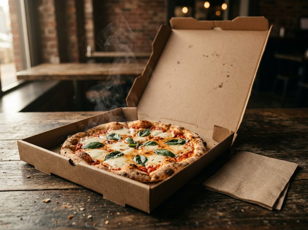Boîte à pizza kraft ouverte avec une pizza margherita fumante