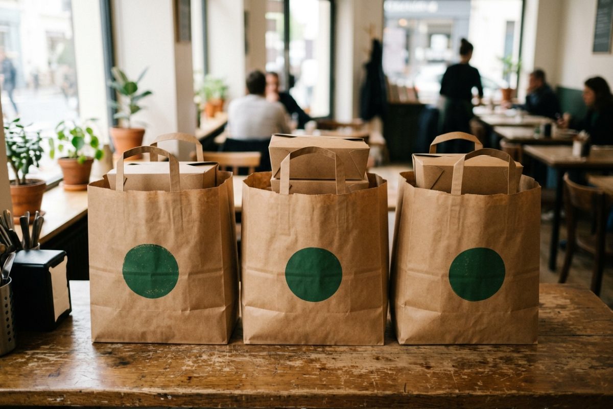 Trois sacs cabas kraft marqués d'un motif vert, remplis de boîtes repas, sur le comptoir d'un restaurant