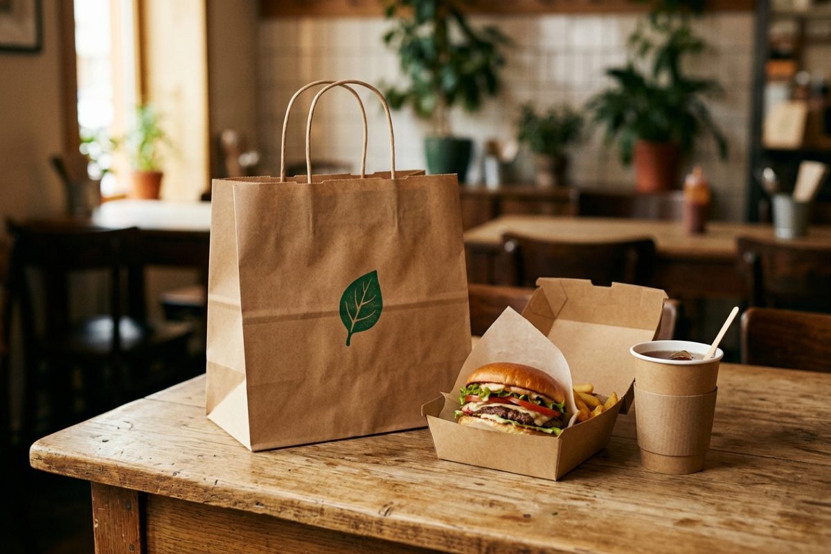 Sac kraft à poignées torsadées marqué d'une feuille verte, à côté d'une boîte burger et d'un gobelet kraft