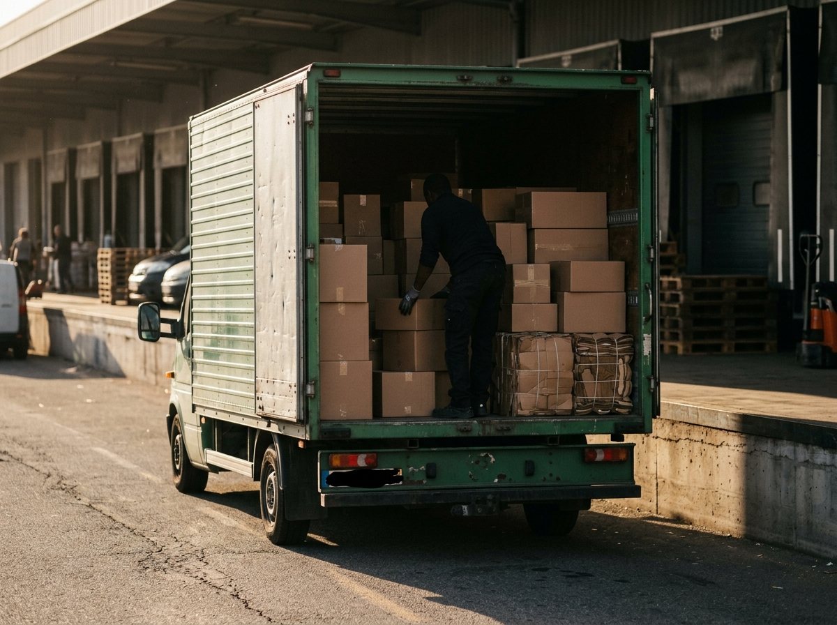 Chargement de cartons à l'arrière d'un camion de livraison, sur un quai