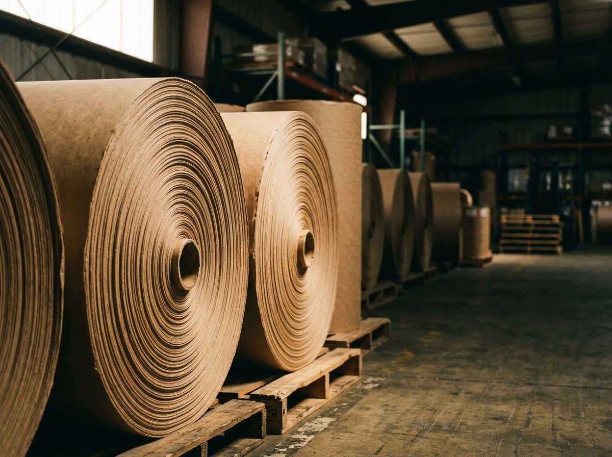 Bobines de papier kraft stockées debout, tranche spiralée visible