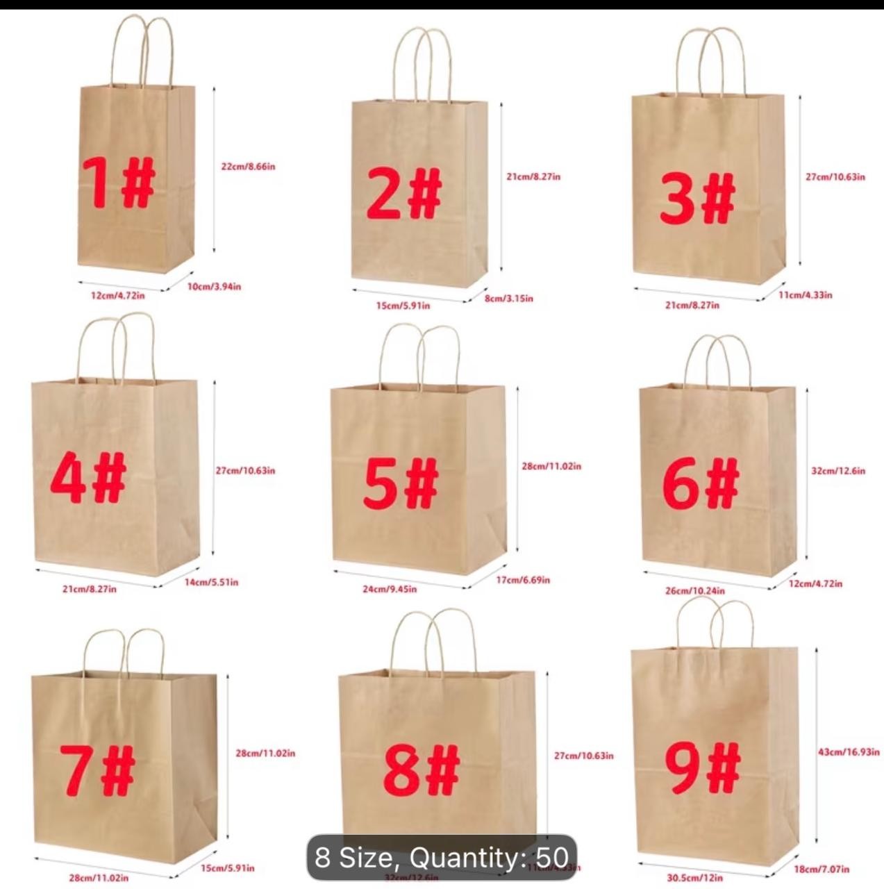 Gamme de sacs kraft en neuf tailles avec dimensions